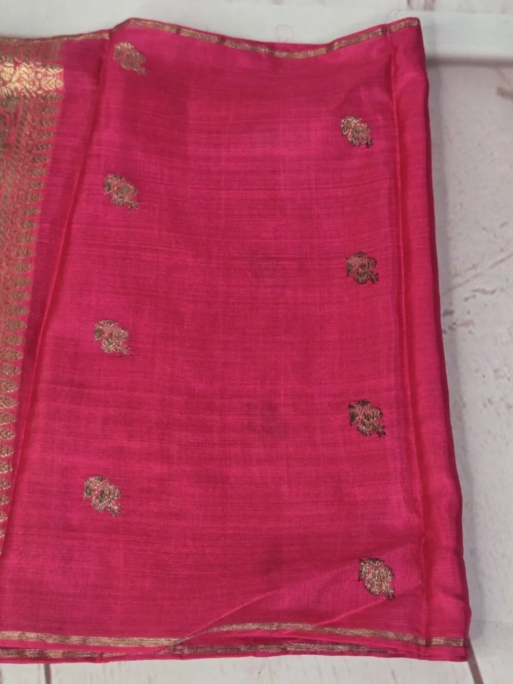 Hand Woven 100% Pure Silk MAGENTA PINK GOLD Made in India Saree Scarf @ 43